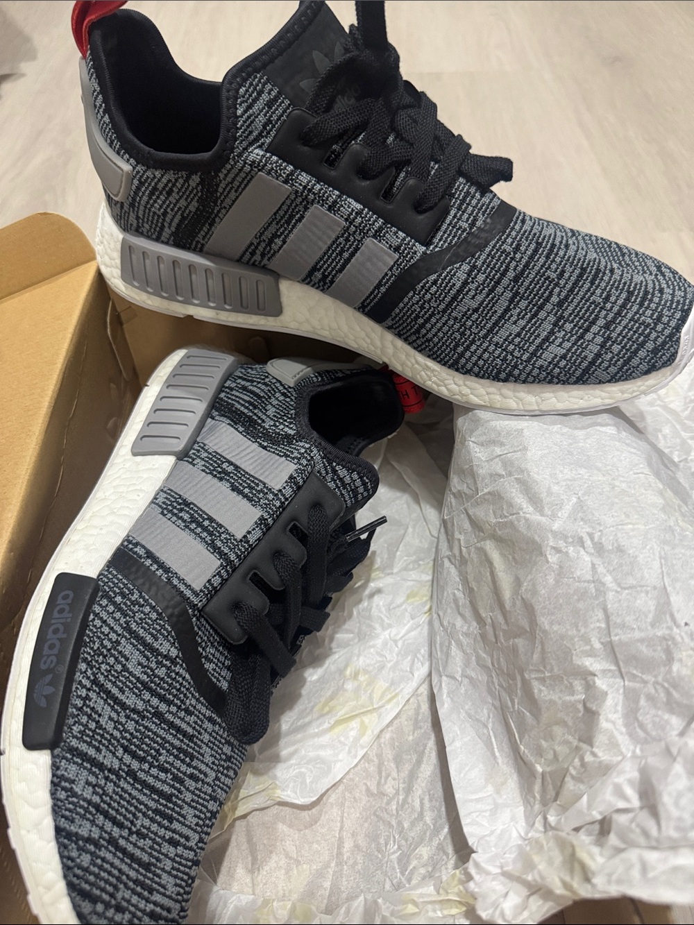 adidas Men’s Black & Gray Knit NMD_R1 Sneakers- used like new